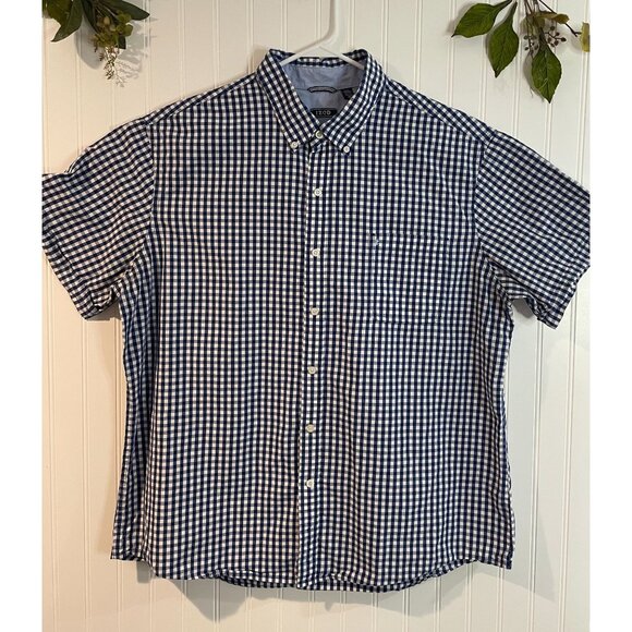 Izod Mens Blue & White Gingham Short Sleeve Button-Down Shirt 2XL 100% Cotton - Picture 8 of 11